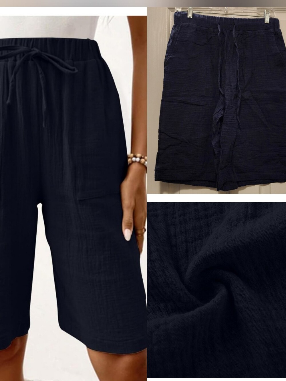 Women's Wide Leg Bermuda Shorts • Knee Length Drawstring Elastic Waist • Pockets